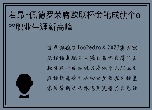 若昂·佩德罗荣膺欧联杯金靴成就个人职业生涯新高峰