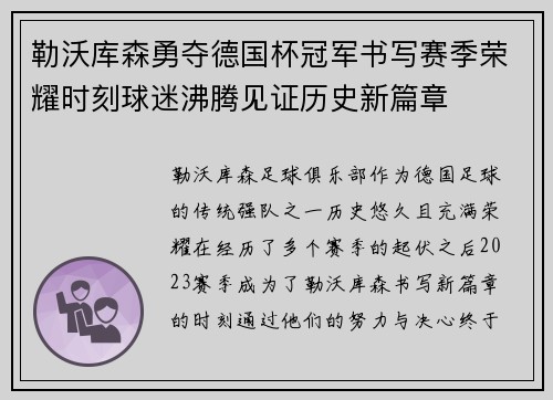 勒沃库森勇夺德国杯冠军书写赛季荣耀时刻球迷沸腾见证历史新篇章