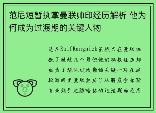 范尼短暂执掌曼联帅印经历解析 他为何成为过渡期的关键人物